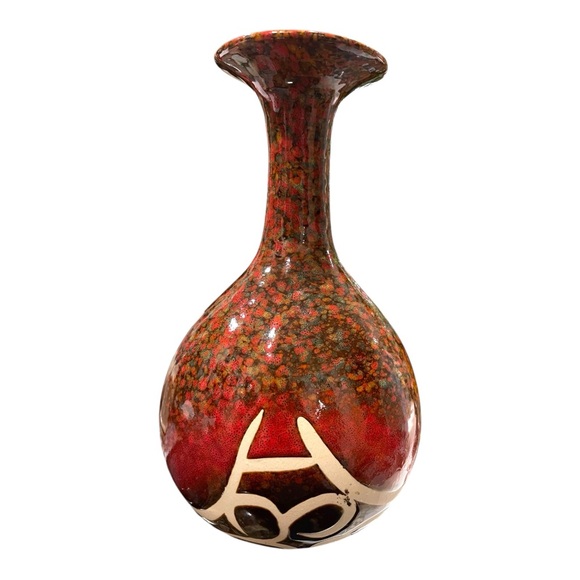 Vintage Red Rust Speckled Earthtone And Unglazed Abstract Design Ceramic Vase - Picture 9 of 16